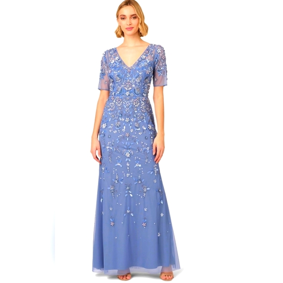 Adrianna Papell Blue Sequin Maxi Gown V-Neck Wedding - Picture 1 of 4